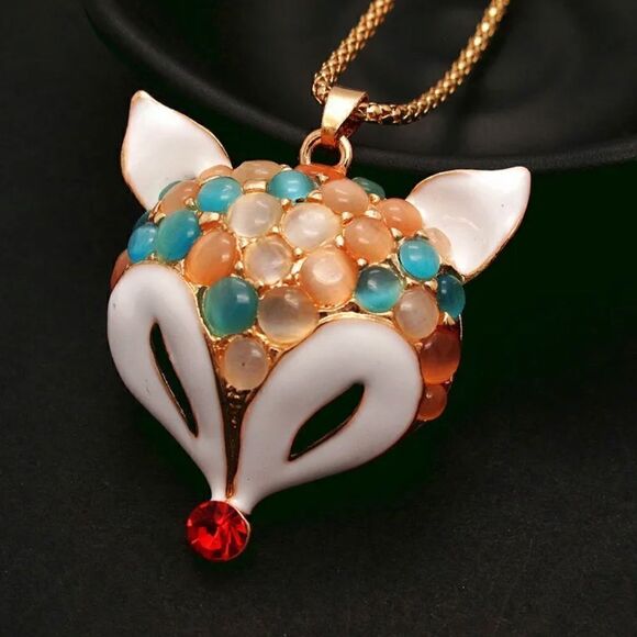 Crystal Multicolor Cat Eye Enamel Fox Head Pendant Necklace NWOT - Picture 2 of 4